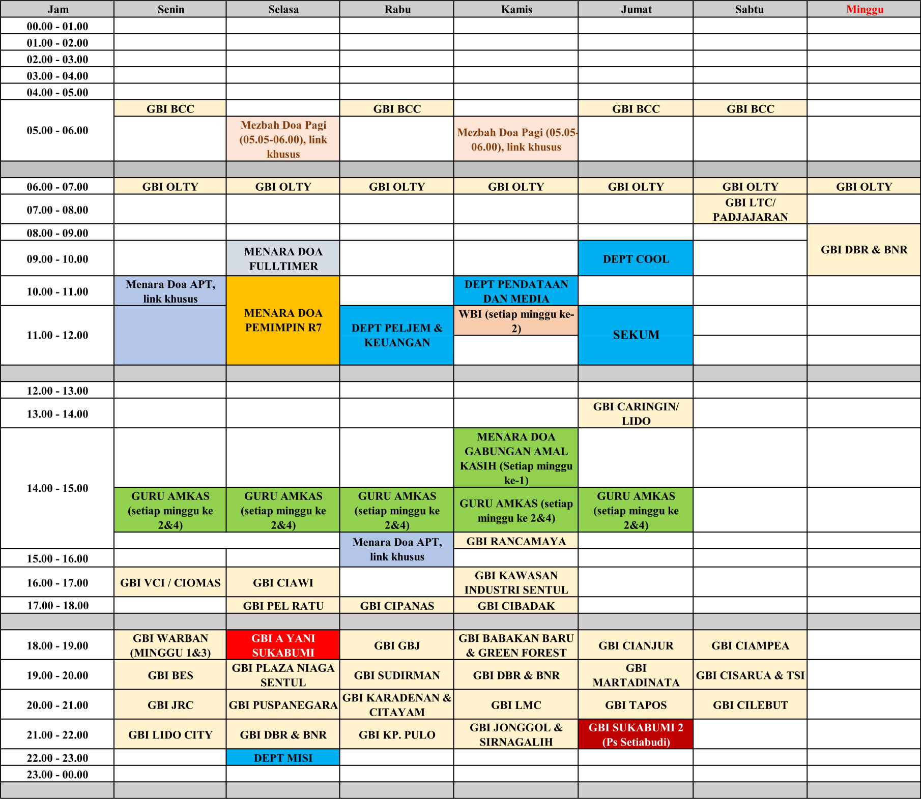 Jadwal pengisian Menara Doa Unity R7